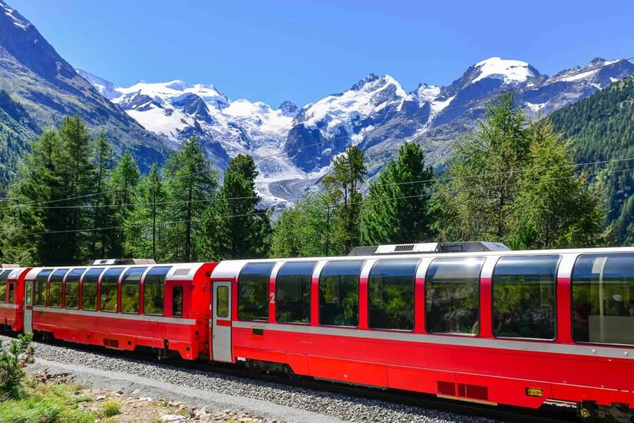 From Milan: Bernina Express Train and St. Moritz Tour by Bus - Riding the red train through the Alps